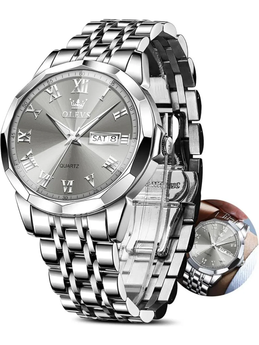 Men's Silver Grey Face Stainless Steel Luminous Quartz Waterproof Classic Watch